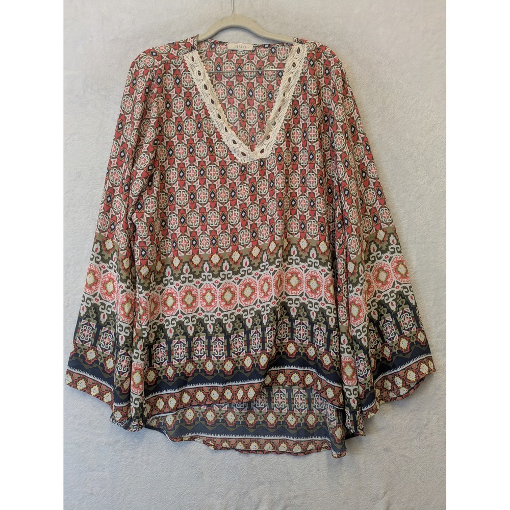 HALO Womens XL Boho Geometric Crochet Bell Sleeve Tunic Top
